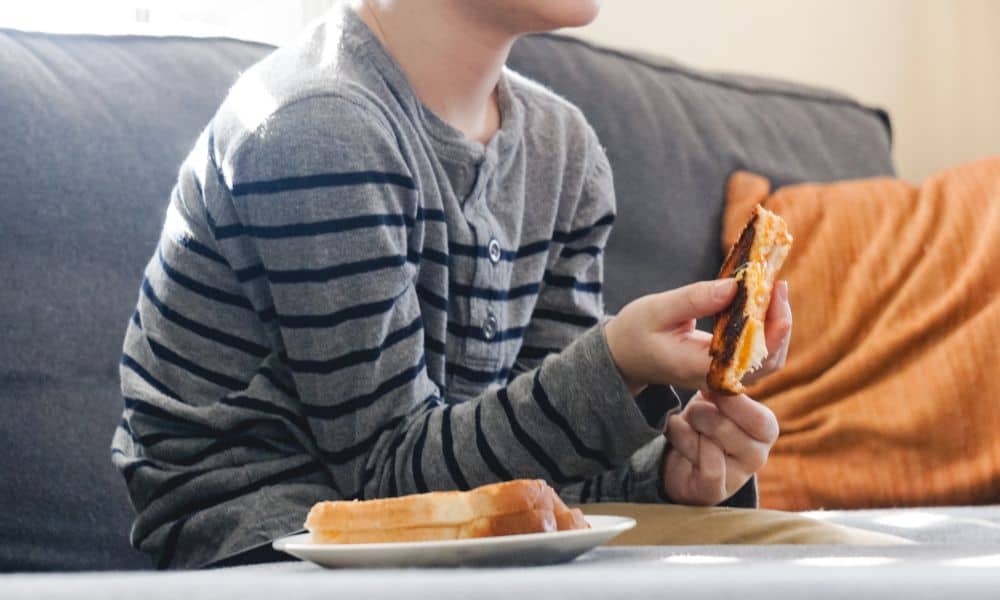 boy eating a grilled cheese sandwich