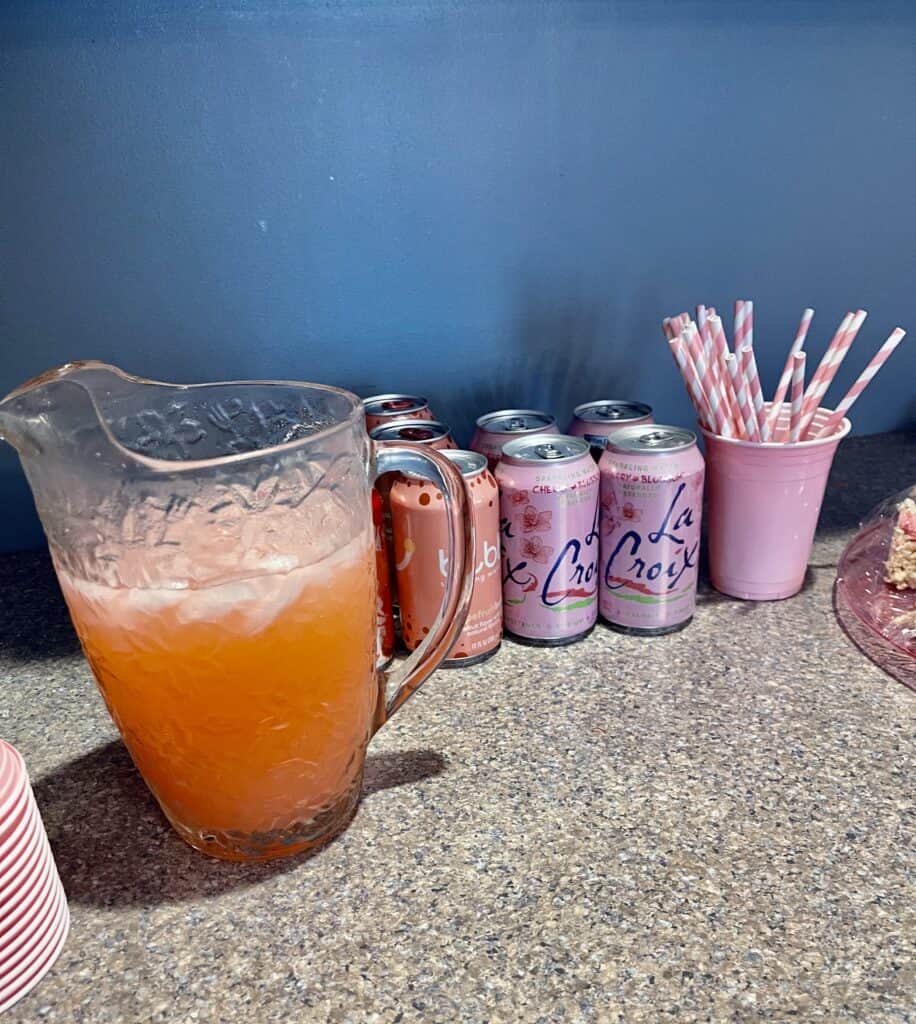 Beverage bar for a pink party. Pink Lemonade with grapefruit bubly and La Croix Cherry Blossom sparkling water