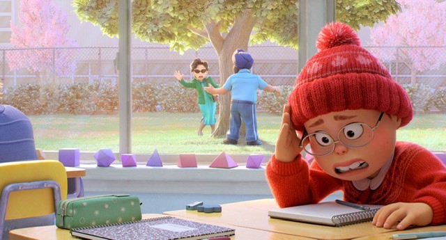 Mei sit in class horrified as her mother watches her from outside the classroom from Disney Pixar Turning Red
