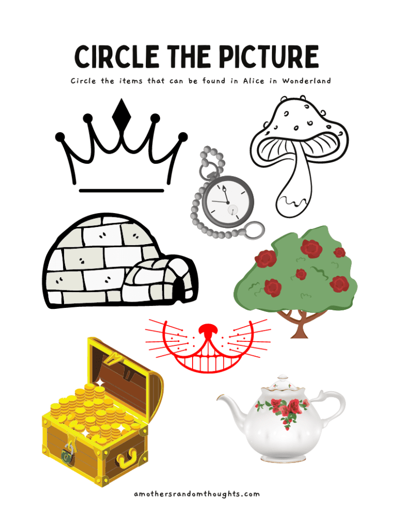 Circle the picture of the items found in Alice in Wonderland
