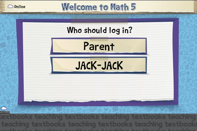 Login screen for Math 5 Teaching Textbooks