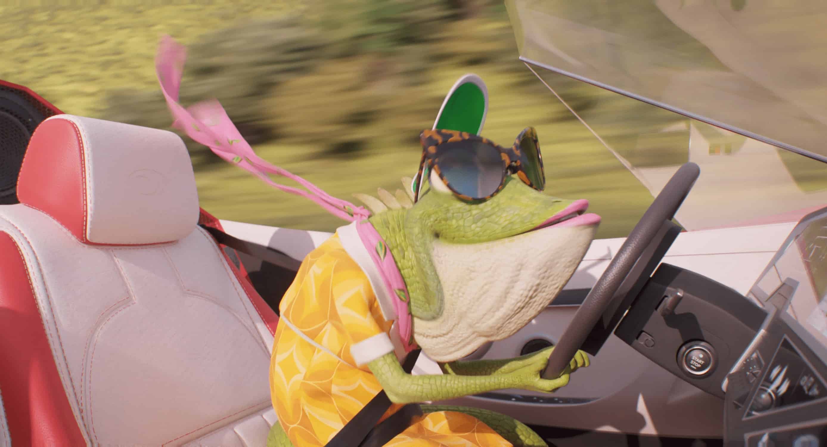 Miss Crawley who is a lizard from Sing 2 driving a convertiable