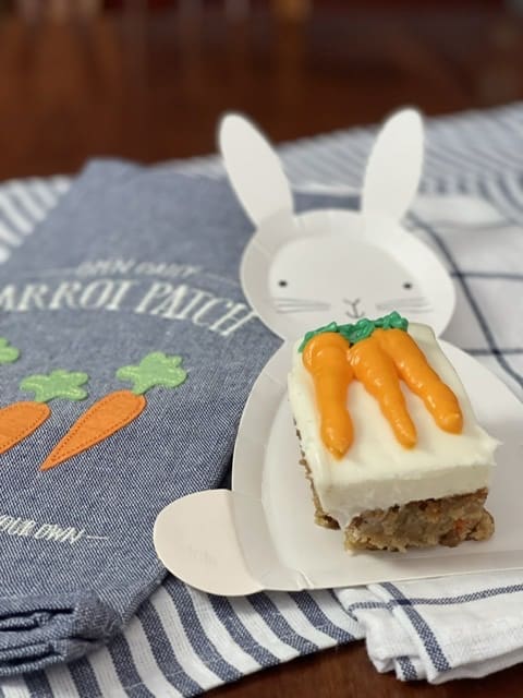 gluten free carrot cake on a rabbit plate