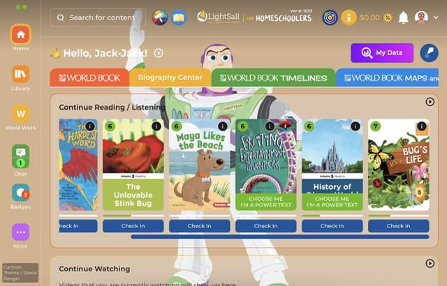 Dashboard with wallpaper for Lightsail for homeschoolers with Buzz Lightyear