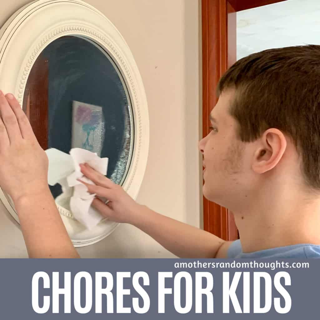 Boy cleaning the mirror chore for kids
