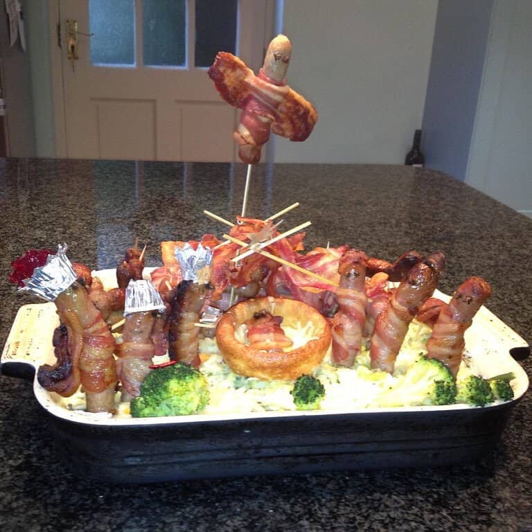 Nativity set made from bacon and other food