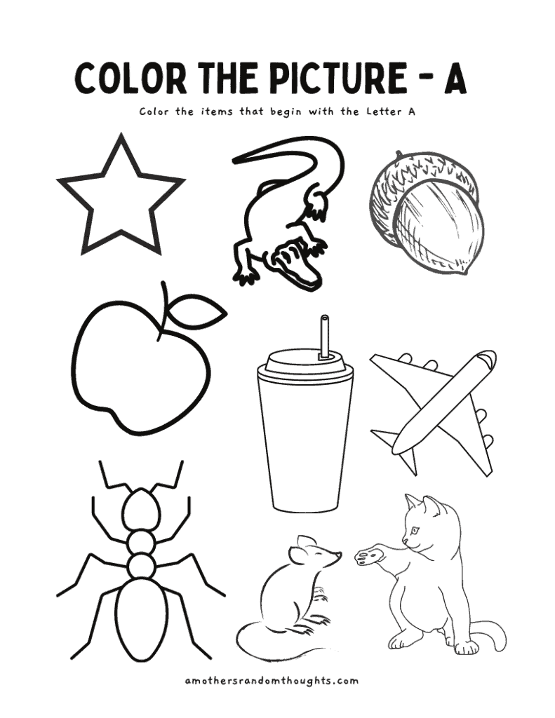 Color the pictures that begin with the letter A worksheet