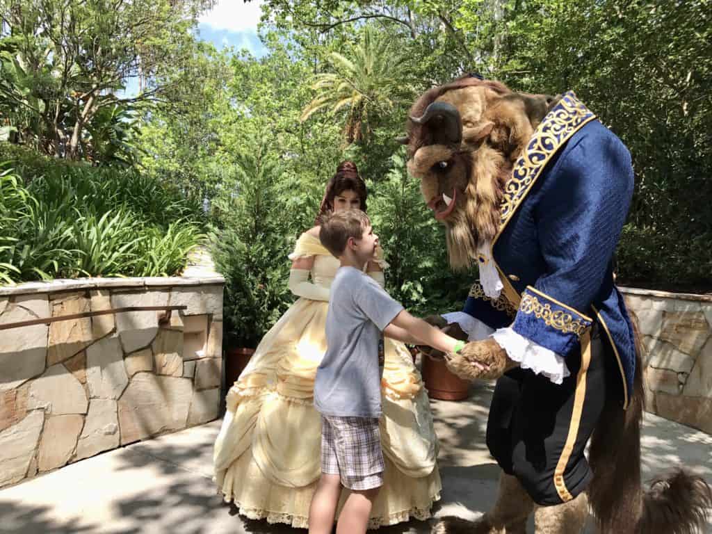 Boy meeting The beast and belle at Walt Disney World