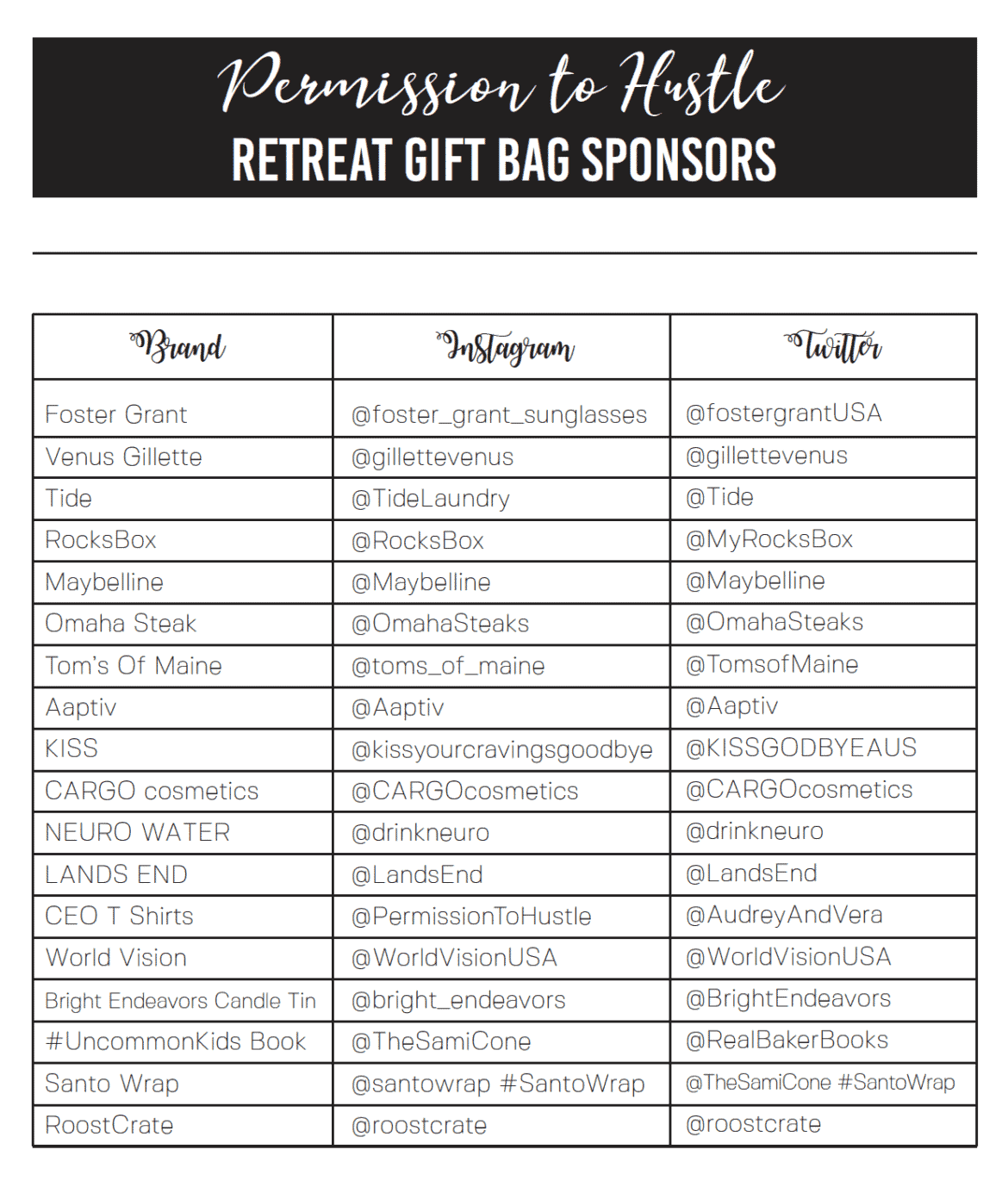 Permission to Hustle Retreat Gift Bag Sponsors