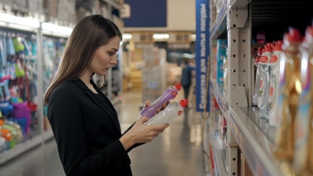 woman comparing dish soap