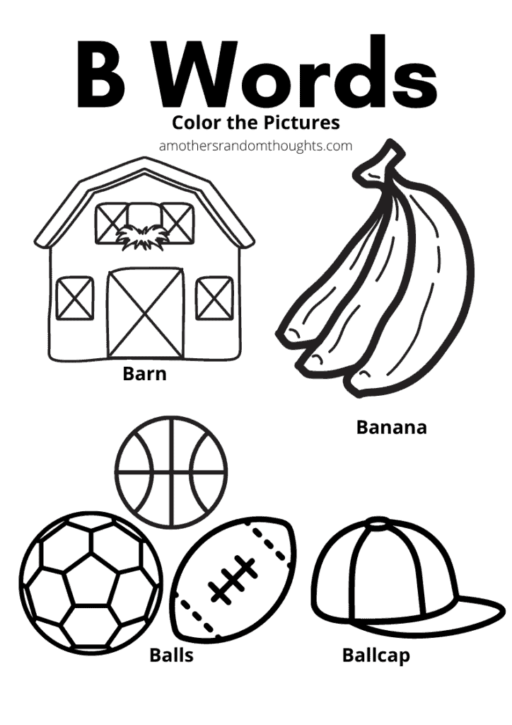 Color the B Words free printable page