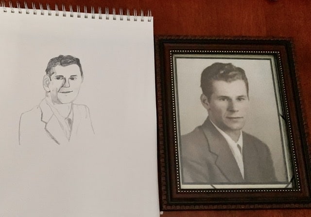 vintage Photo of man versus pencil drawing