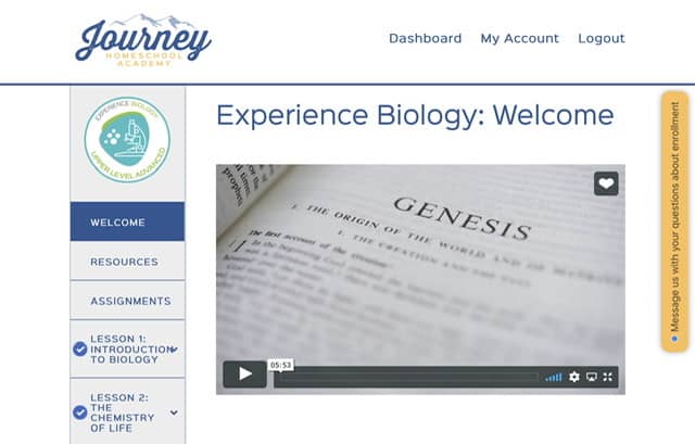Screenshot of Welcome Video for Journey Homeschool Academy Experience Biology