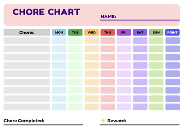 Blank chore chart to teach household responsiblity