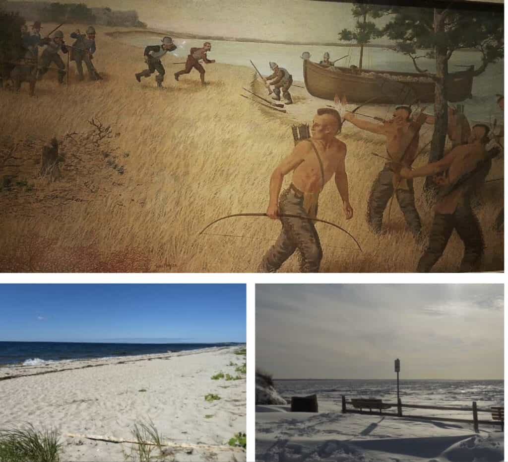 Indians and pilgrims at the beach on Cape Cod