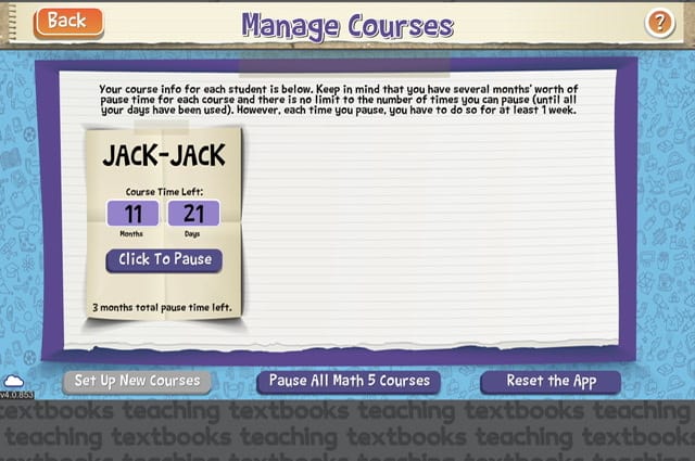 Manage courses page from Teaching Textbooks