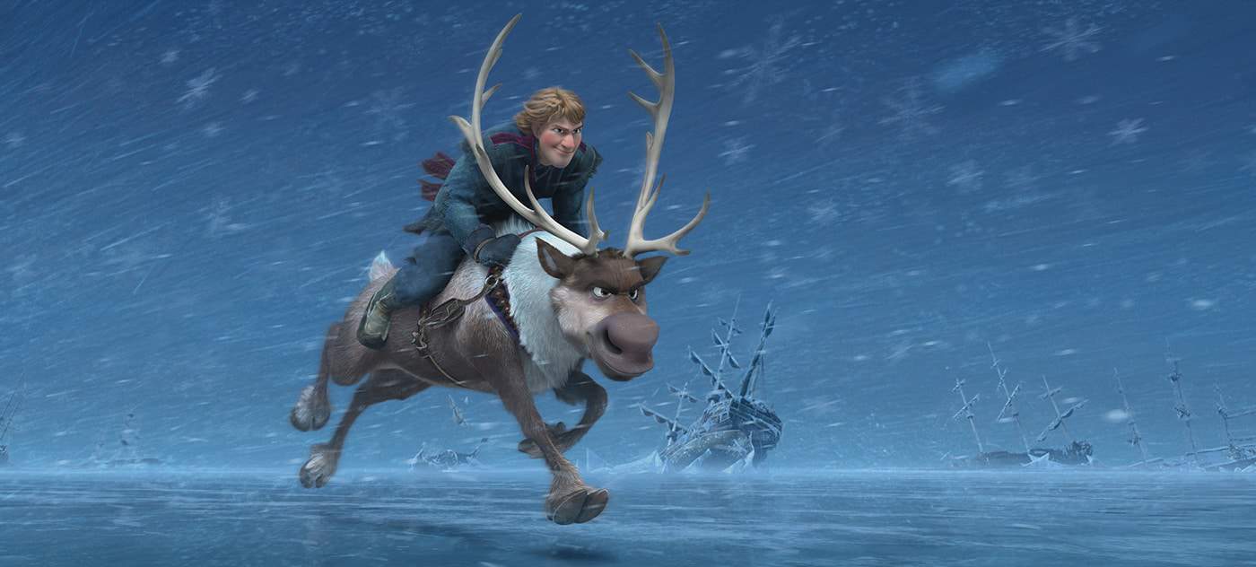 Sven and Kristoff running across the ice in Disney's Frozen