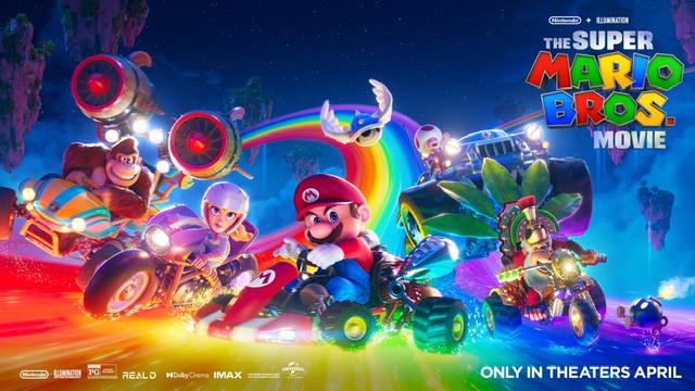 The Super Mario Bros. Movie poster showing Mario, Princess Peach, Donkey Kong, Toad on Rainbow Road