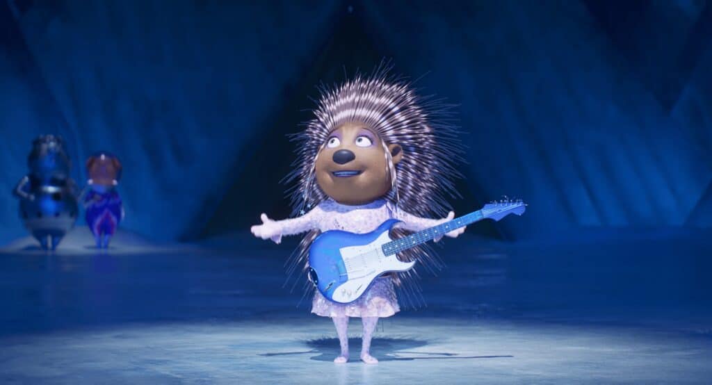 Porcupine named Ash holding a guitar from Sing 2