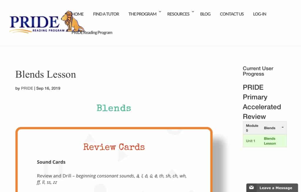 Sceenshot of Blends Lesson from Pride Reading Program