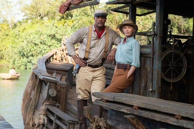 Dwayne Johnson as Frank Wolff and Emily Blunt as Dr. Lily Houghton in 2021 Disney Jungle Cruise film