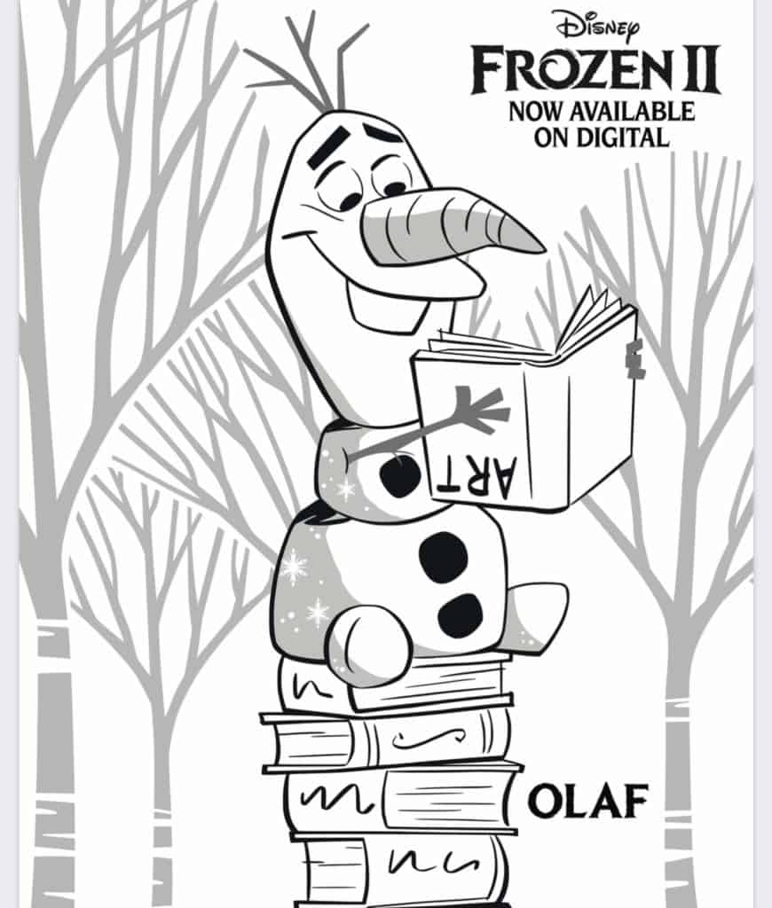 Olaf from Frozen 2 reading books coloring pae