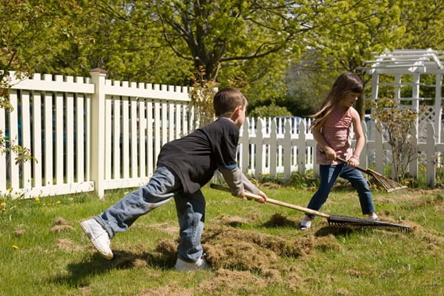 boy and girl raking leaves in a fenced in backyard