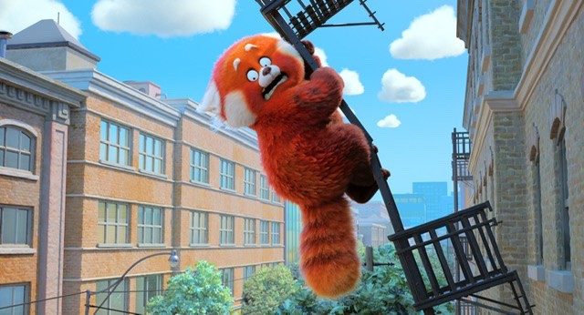Mei as a red panda hanging onto a fire escape that has come off of a building