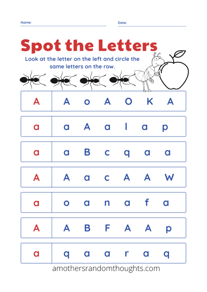 Spt the Letters matching activity for the letter A