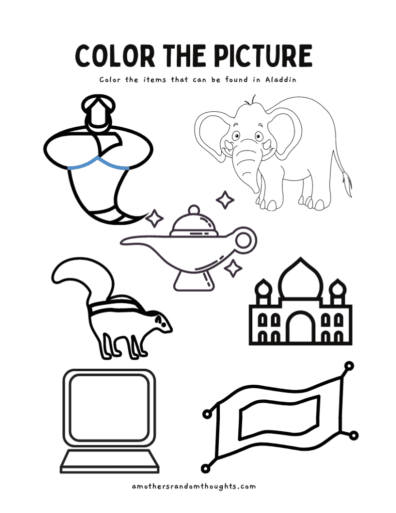 Color the picture - items found in Aladdin