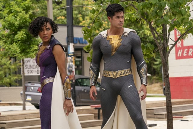 Two Shazam characters in their costumes