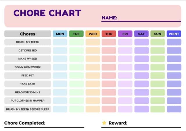 Free printable chore chart point system