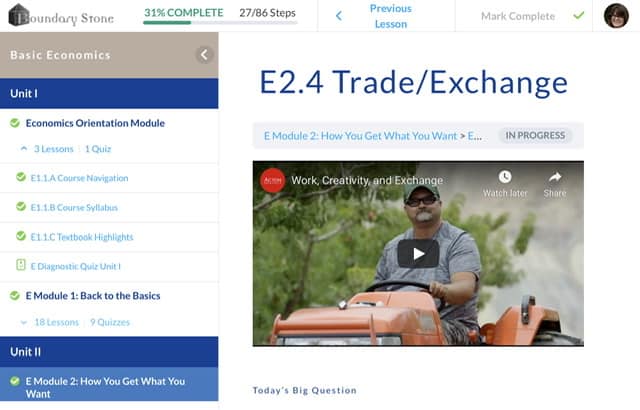 Screenshot of Boundary Stone online economics course TRade Exchange Homeschool Economics Curriculum