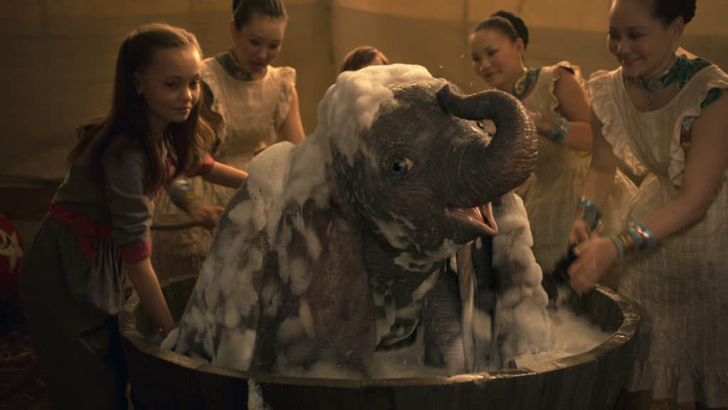 Dumbo getting a bath in the live action remake