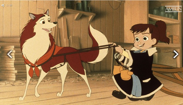 Animation still from movie. Sled dog with girl holding the reins.