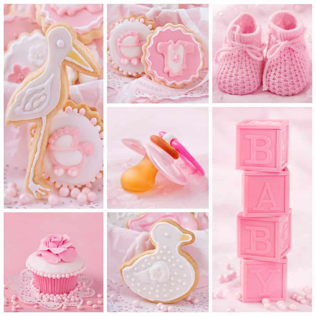 Pink baby shower collage with stork cookie, duck iced sugar cookie, pacifier, pink booties, cupcake with pink rose, and Pink blocks that spell baby.