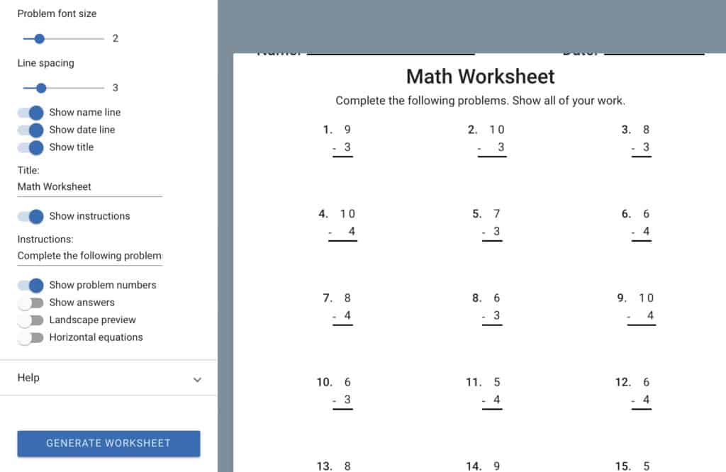 Screenshot from Math-U-Sheet Worksheet Generator