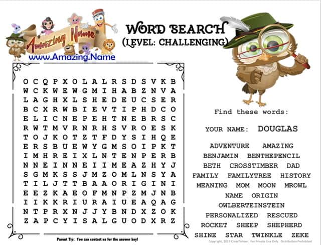 Amazing name word search challenging level with your child's name personalized name meaning