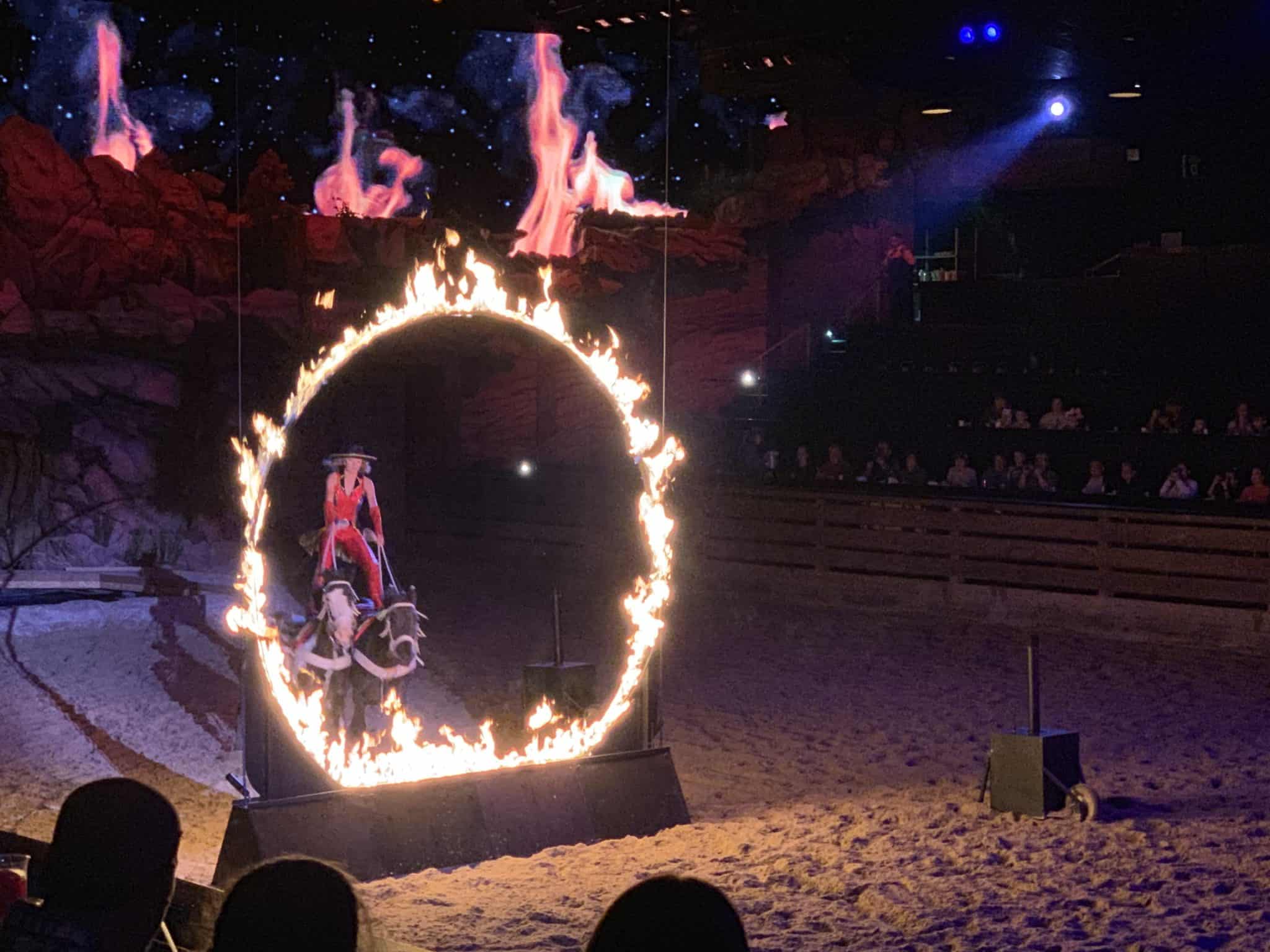 Riding through flames on a horse at Dolly Parton's Stampede in Branson