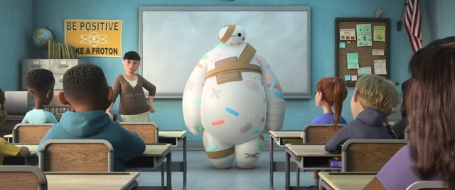 Baymax with bandaids in a classroom