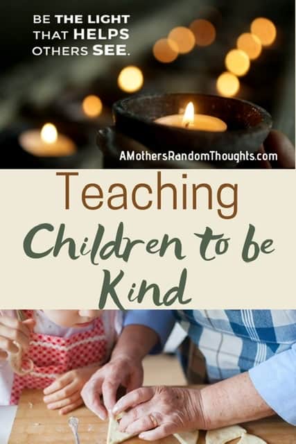Teaching children to be kind pinterest graphic with candles and elderly women making cookies