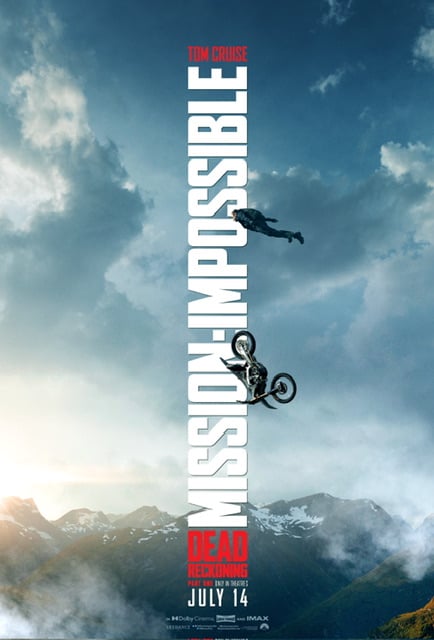 Mission Impossible Dead Reckoning poster showing Ethan Hunt falling through the air after falling off a cliff on a motorbike.