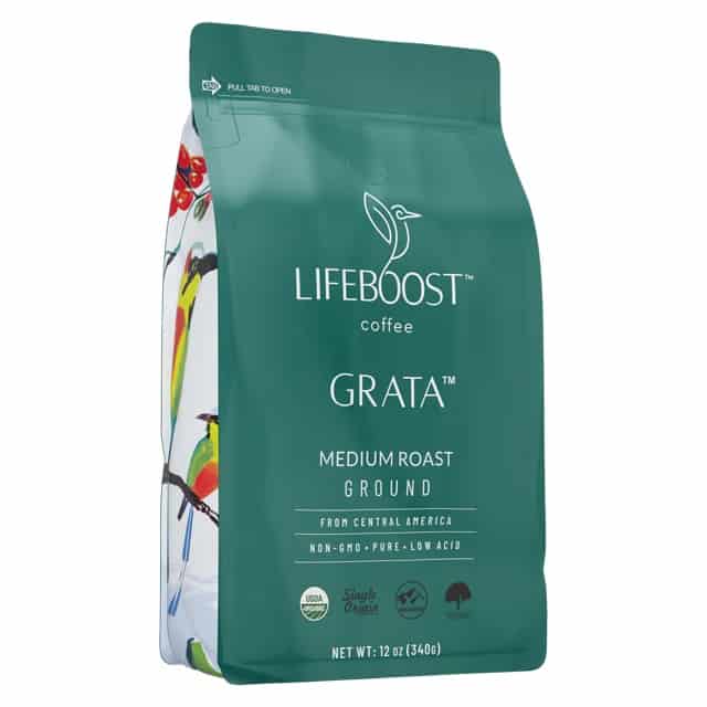 LifeBoost Coffee Medium Roast Ground coffee from Central America. Non-GMO and Low-Acid