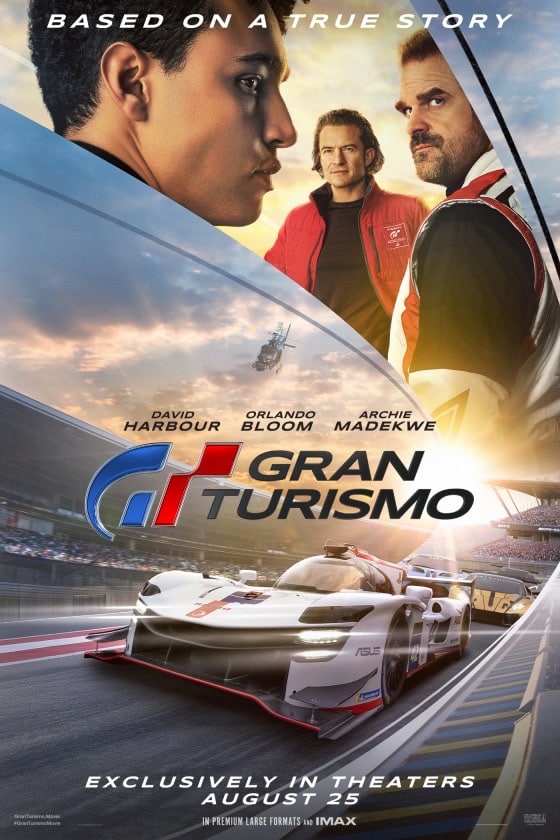 Gran Turismo movie poster featuring David Harbour, Orlando Bloom and Archie Madekwe. Released into theaters Autist 25, 2023.