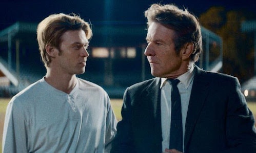 Dennis Quid in a suit with a white shirt and black tie with Colin Ford in the movie, The Hill