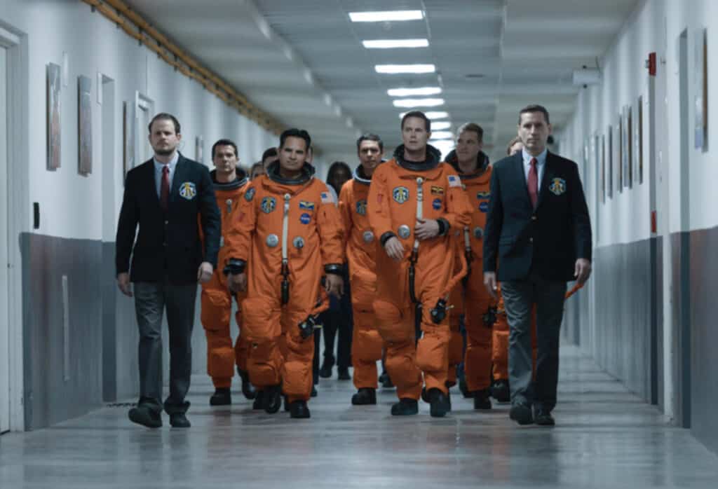 The astronaut crew of STS-128 from the movie A Million Miles Away