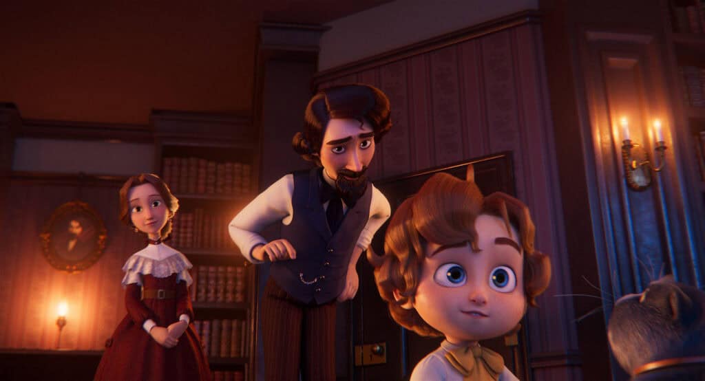 Charles Dickens with his wife and son Walter in the animated film, The King of Kings
