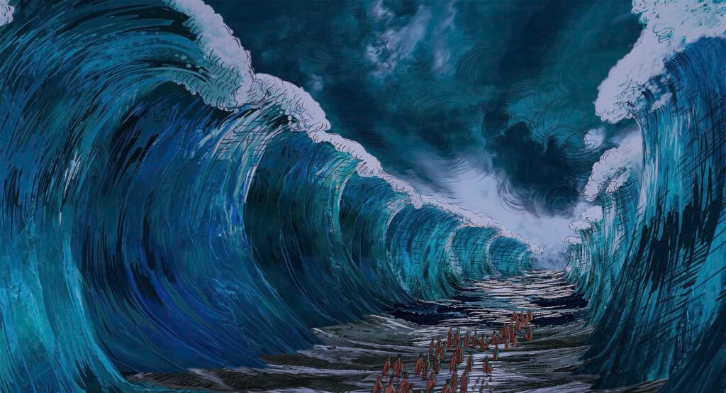 Drawing of the parting of the Red Sea in the film, The King of Kings