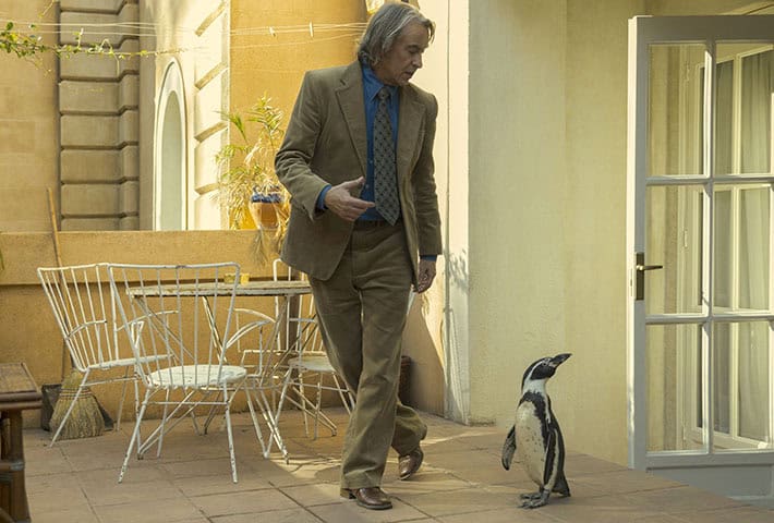 The Penguin Lessons - penguin and man in suit on a balcony