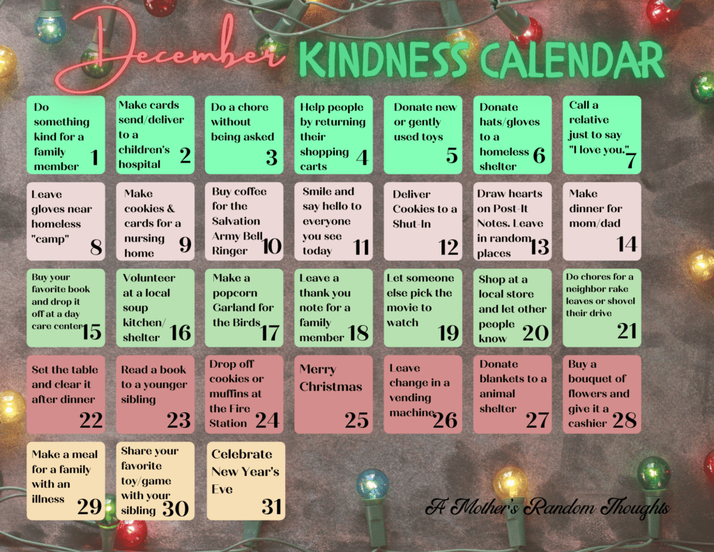 December kindness calendar with ideas for being kind to one another